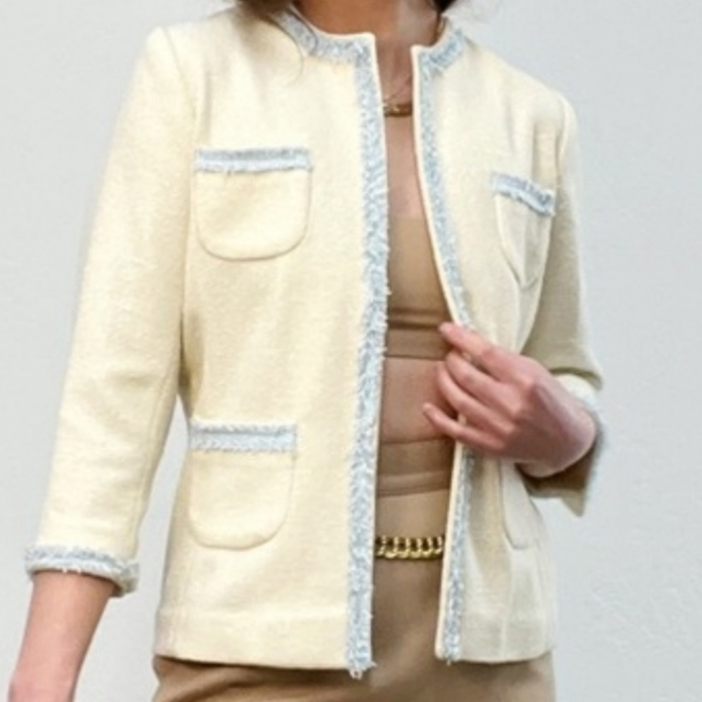 Cream Ivory Tweed Classic Jacket w/Light Blue Fringe Trim